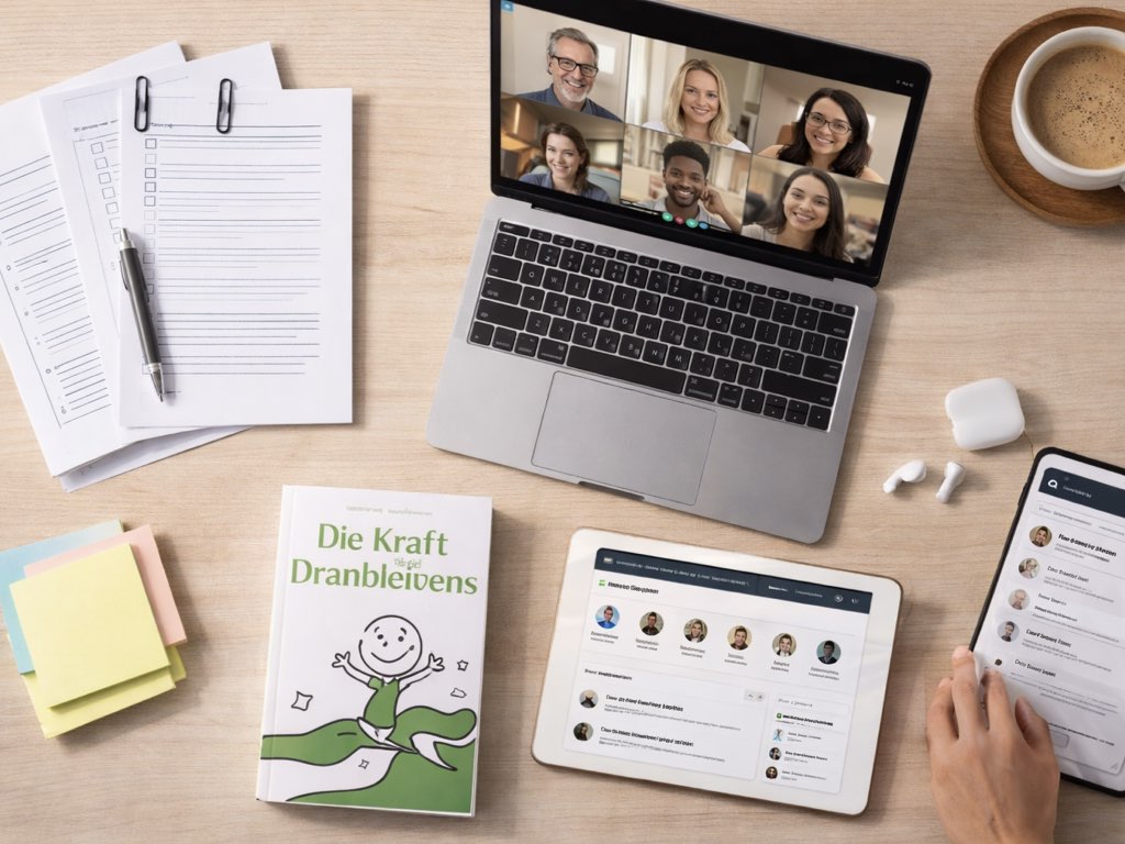 Es ist MacBook, Kaffeetasse, Notizblock, Kopfhörer, Buch: Die Kraft des Dranbleibens, zu sehen