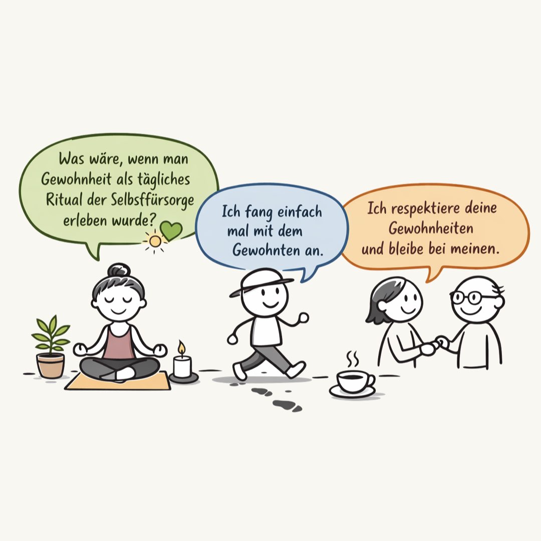 Was wäre, wenn man Gewohnheit als tägliches Ritual der Selbstfürsorge erleben würde?</p>
<p>Ich fang einfach mal mit dem Gewohnten an.</p>
<p>Ich respektiere deine Gewohnheiten und bleibe bei meinen.