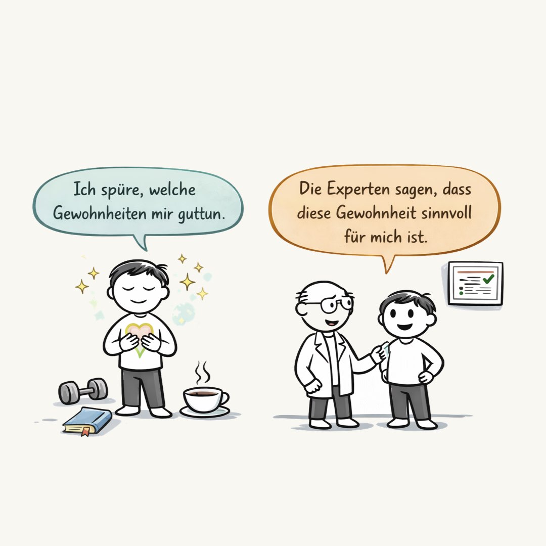 Ich spüre, welche Gewohnheiten mir guttun. Die Experten sagen, dass diese Gewohnheit sinnvoll für mich ist.