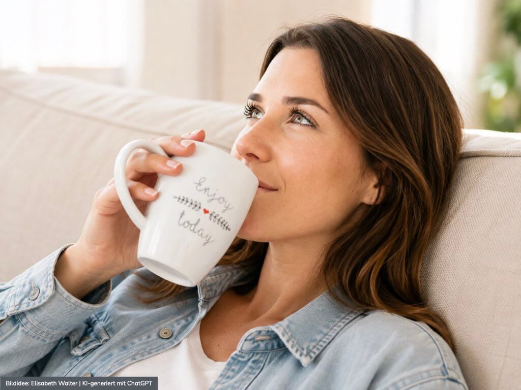 Frau genießt und hält eine Tasse an ihre Lippen