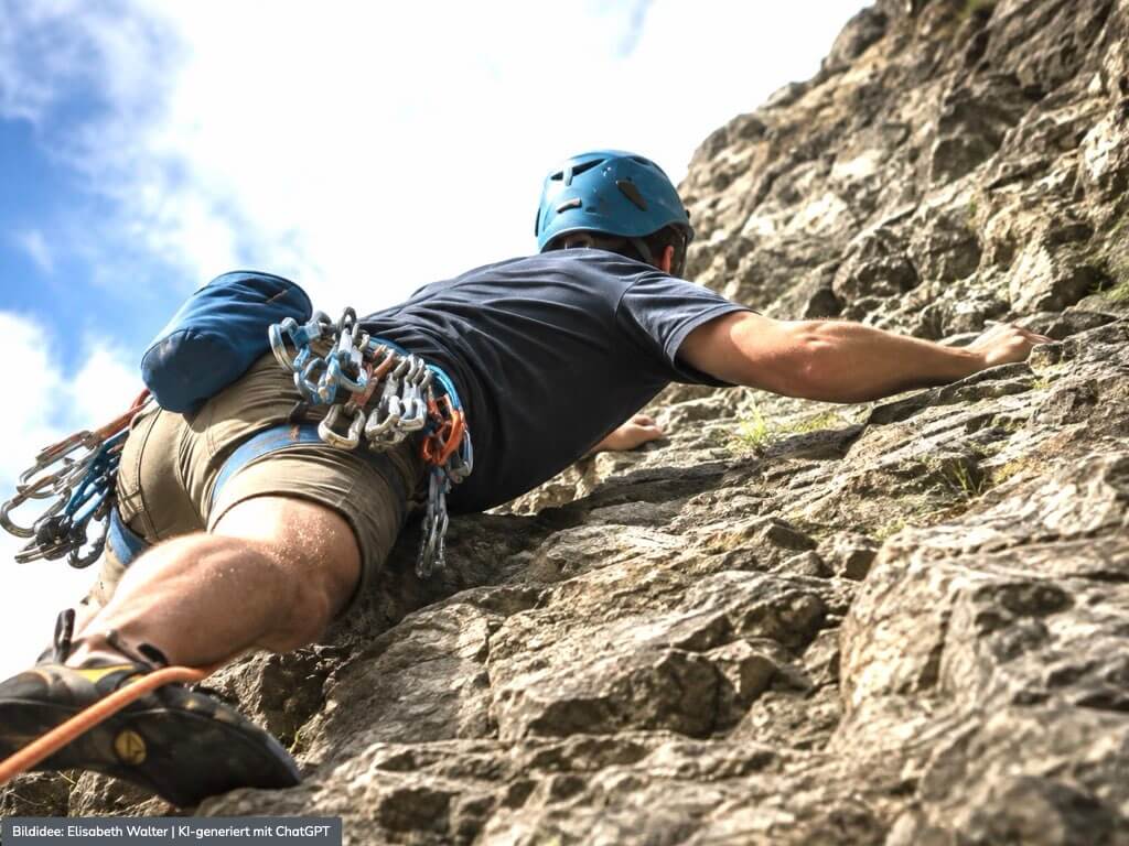 Mann klettert an einer Felswand