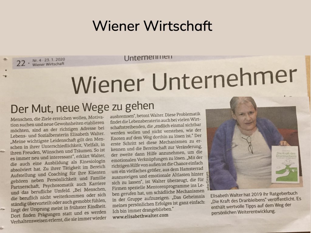 Wiener Wirtschaft berichtet über die Neuerscheinung des Buches: Die Kraft des Dranbleibens